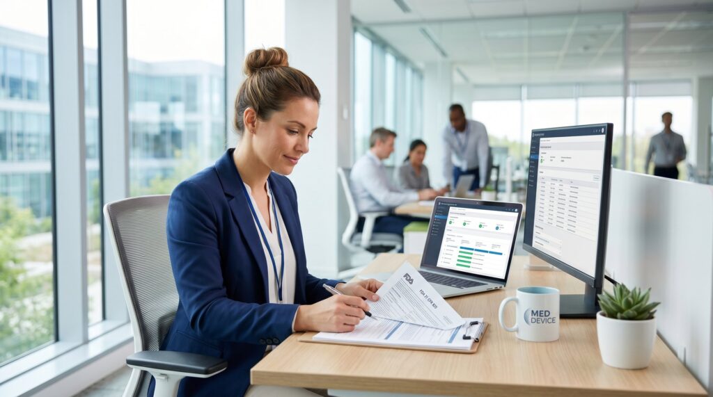QM-Managerin prüft ISO 13485 Dokumentation am Laptop in hellem Büro