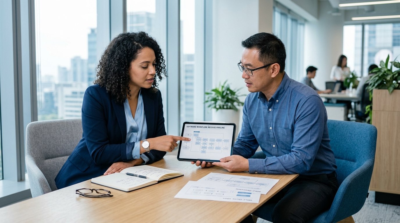 Berater und QM-Ingenieur besprechen i:solution CAQ Software im Meetingraum