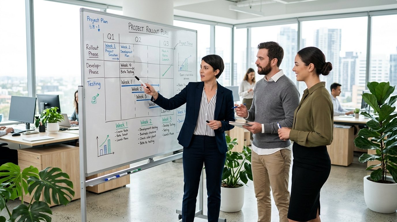 Team plant strukturierte QM-Software-Einführung nach ISO 13485 am Whiteboard