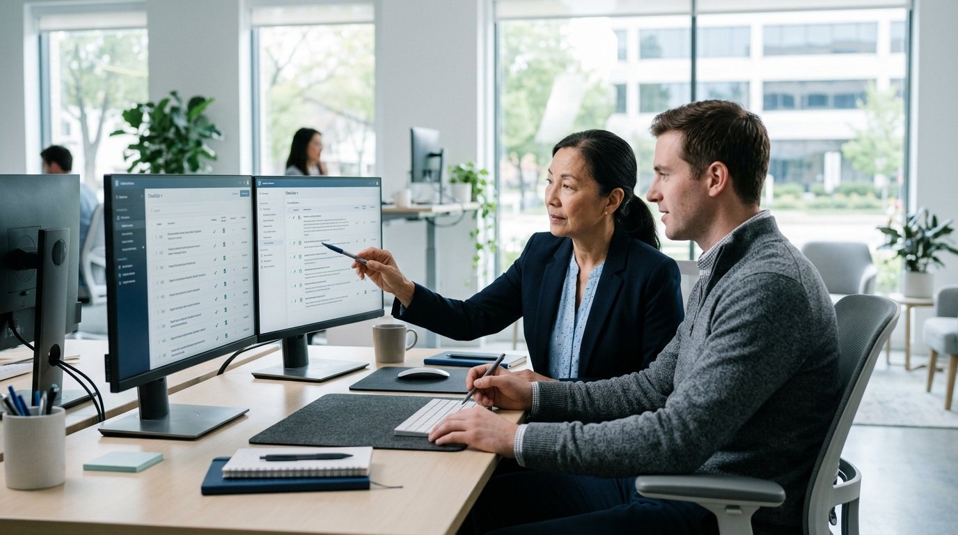 Zwei Fachkräfte prüfen QM-Software-Module für ISO 13485 am Bildschirm