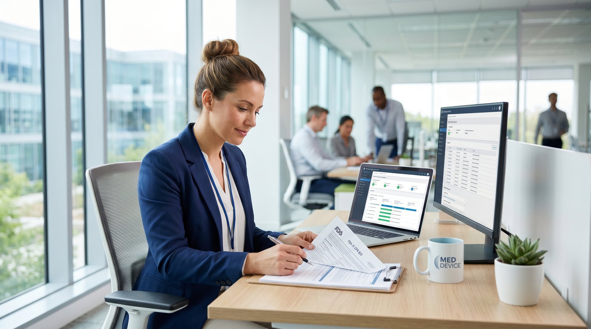 QM-Managerin prüft ISO 13485 Dokumentation am Laptop in hellem Büro